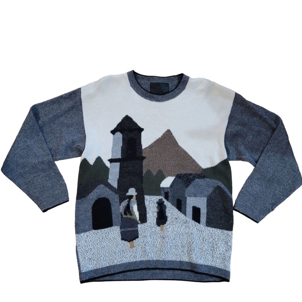 100% baby alpaca wool sweater with depiction of a mother daughter and village